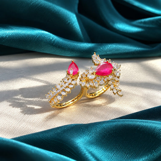Crystal Bloom Double Finger Ring