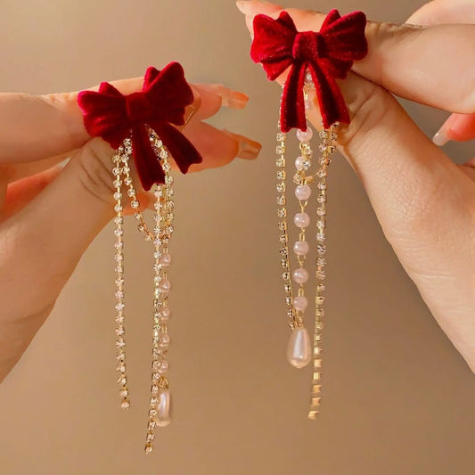 Velvet Bow Pearl Drop Earrings
