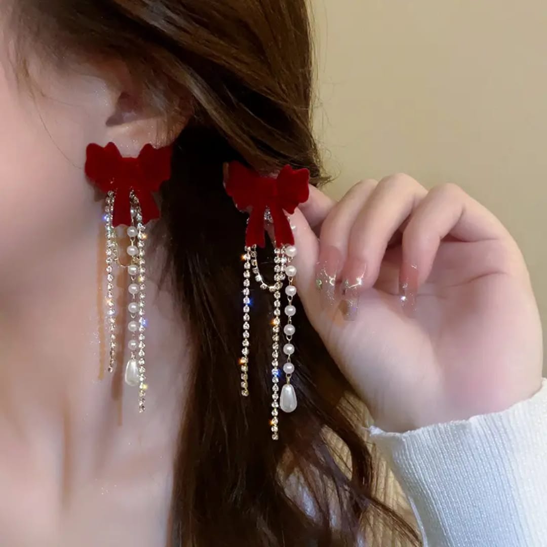 Velvet Bow Pearl Drop Earrings