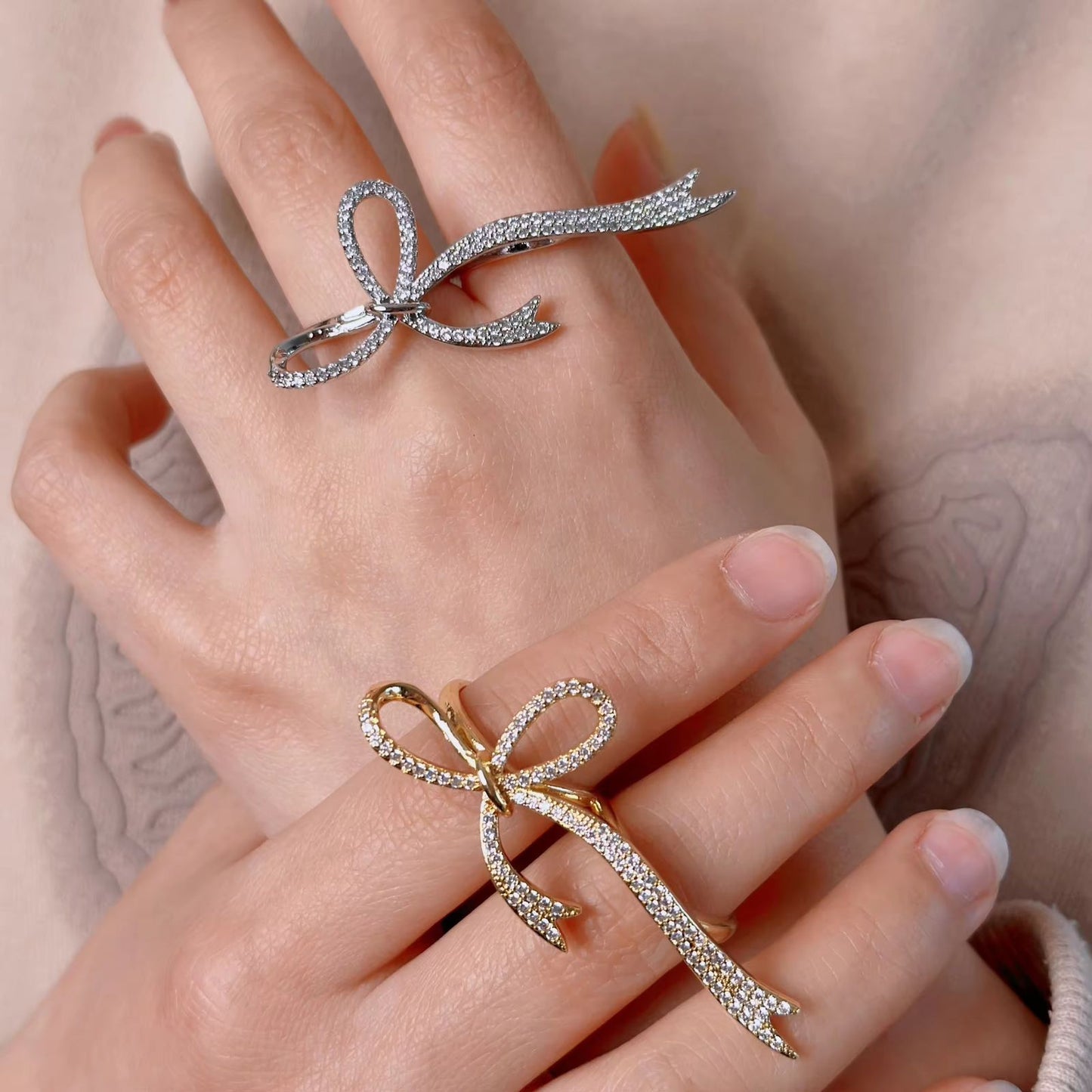Bowknot CZ Double Finger Ring